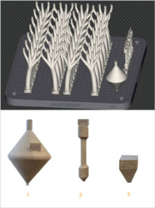 An example of a build setup with 1. powder capture capsule, 2. tensile bars (×6) and 3. density block